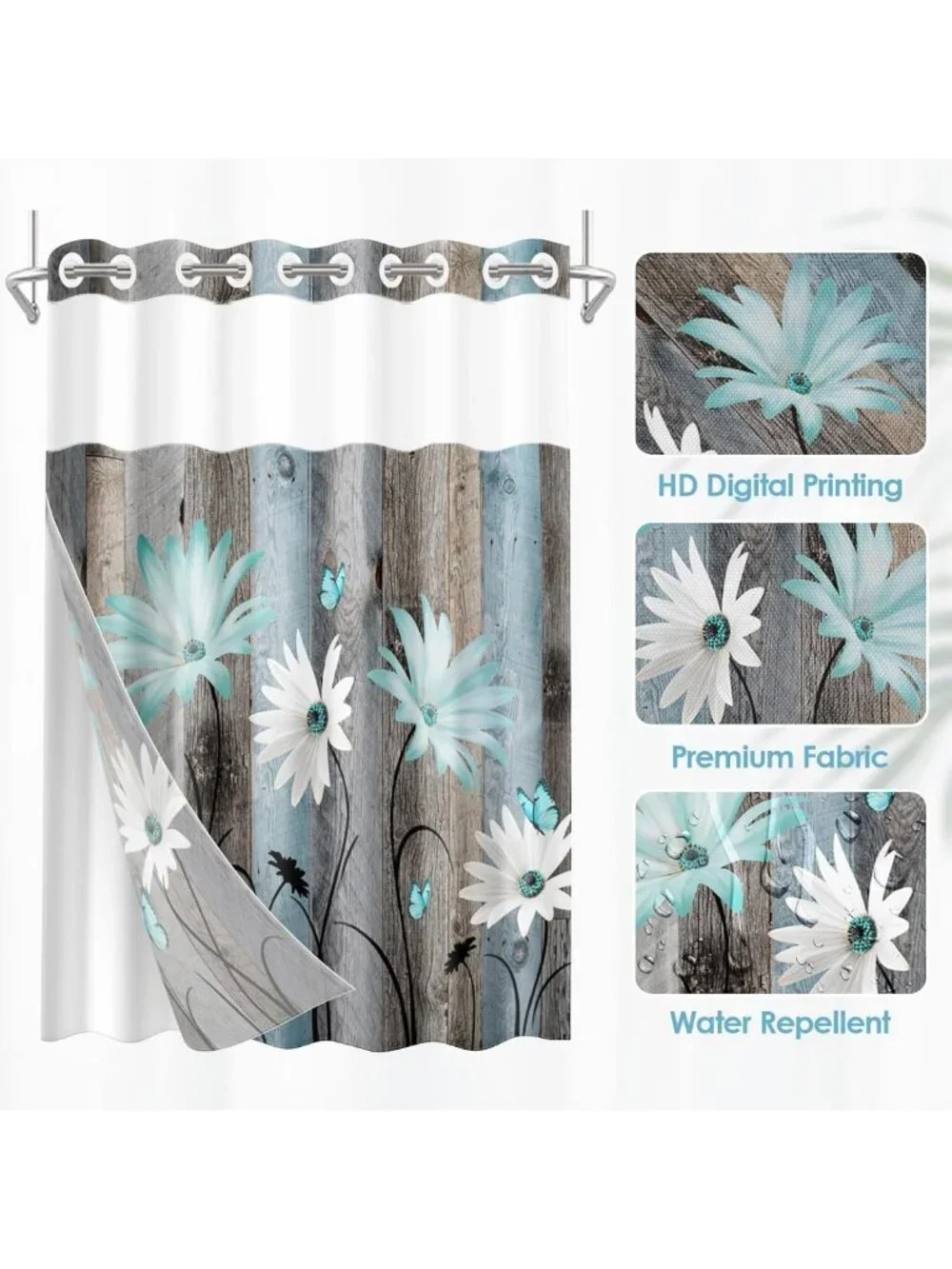 Rustic Farmhouse Shower Curtain Set with Liner, Teal Daisy & Butterfly Design